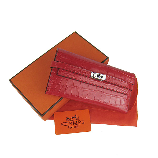 High Quality Hermes Kelly Crocodile Veins Long Clutch Bag Red H009 Replica - Click Image to Close